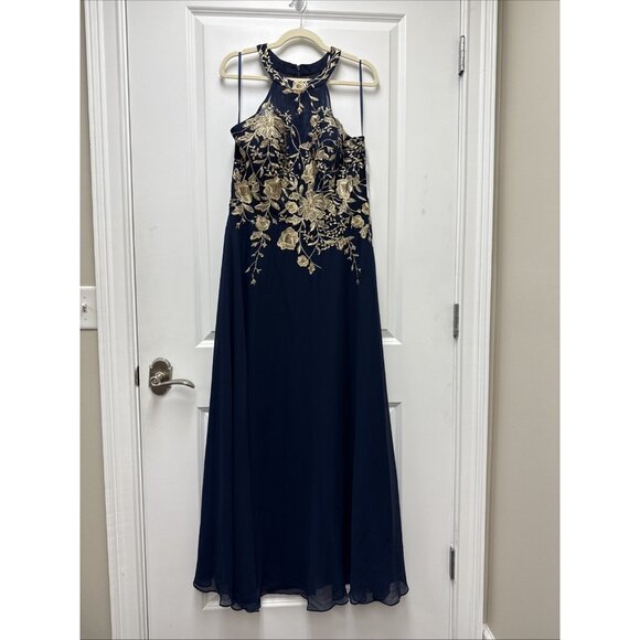 Betsy & Adam Size 14 Petite Navy Embellished Chiffon Gown Gold Floral Maxi Dress - Picture 5 of 12